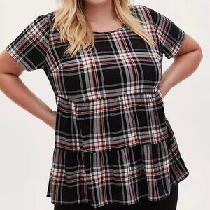 TORRID 00 Plus Size Black Red Plaid Shirred Hem Top Short Sleeve Babydoll 10 M L